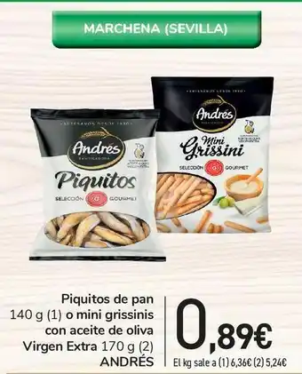 Piquitos de pan 140 g o mini grissinis con aceite de oliva virgen extra 170 g andrés