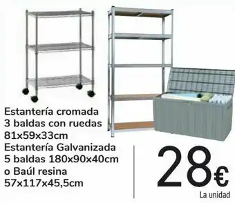 Carrefour Estantería cromada 3 baldas con ruedas 81x59x33cm estantería galvanizada 5 baldas 180x90x40cm o baúl resina 57x117x45,5cm oferta