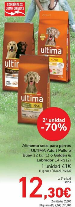 Carrefour Alimento seco para peros ultima adult pollo o buey o golden & labrador oferta