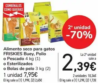 Carrefour Alimento seco para gatos friskies buey, pollo o pescado o esterilizados o bolas de pelo oferta