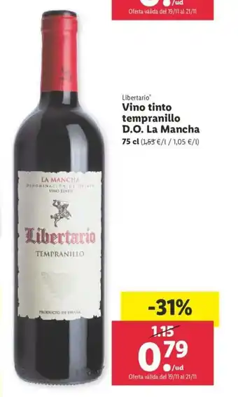 Lidl Vino tinto tempranillo D.O. La Mancha 75cl oferta