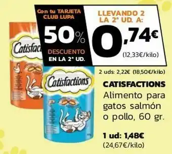 Supermercados Lupa Catisfaction alimento para gatos salmón o pollo oferta