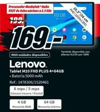 MediaMarkt Lenovo Tablet M10 FHD Plus 4 + 64gb oferta