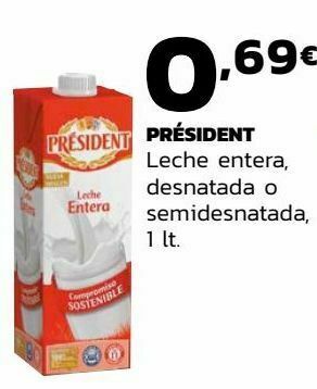 Supermercados Lupa Président leche entera, desnatada o semidesnatada oferta