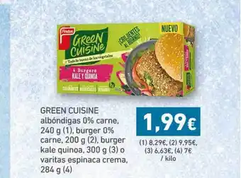 HiperDino Green Cuisine albóndigas 0% carne, 240g(1)burger 0% carne, 200g(2),burger kale quinoa,300g(3)o varitas espinaca crema, 284g(4 oferta