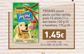 HiperDino Friskies snack picnic surtido variety, pack 15 sticks (1) o bon bacon 120 g (2) o funsticks, 175 g (3) oferta