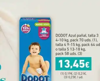 HiperDino Dodot Azul pañal, talla 3 4-10kg. pack 70 uds. (1) talla 4 9-15 kg, pack 64 ud o talla 5 13-18 kg, pack 58 uds. (3) oferta