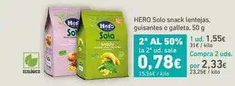 HiperDino Hero Solo snack lentejas guisantes o galleta, 50g oferta