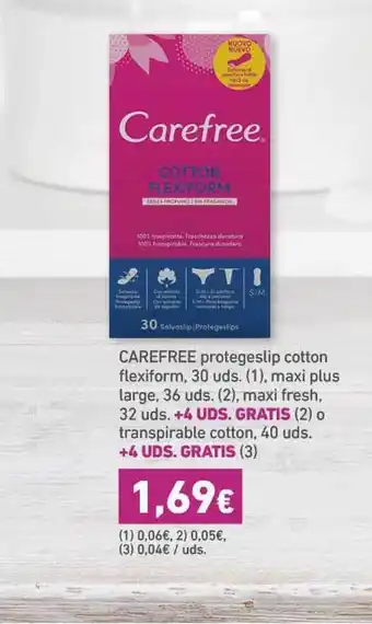 HiperDino Carefree protegeslip cotton flexiform,30uds (1)maxi plus large,36 uds. (2) 32 uds + 4 uds. gratis (2) o transpirable oferta