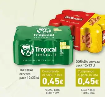 HiperDino Tropical Cerveza Pack 12 x 33 cl , Dorada Cerveza Pack 12 x 33 cl oferta