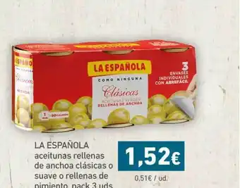 HiperDino La Española Aceitunas Rellenas De Anchoa Clásicas O Suave O Rellenas De Pimiento Pack 3uds oferta