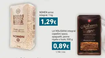 HiperDino Nomen Arroz Integral, 1kg, La Molisana Integral Capellini Spezz Spaguetti Penne Rigate O Fusili, 500g oferta