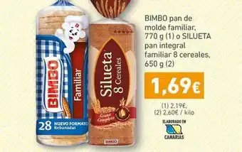 HiperDino Bimbo Pan De Molde Familiar 770g (1) o Silueta Pan Integral Familiar 8 Cereales 650g (2) oferta