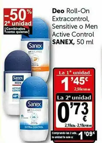 Masymas -50% 2a Unidad Deo Roll-on Extracontrol Sensitive O Men Active Control Sanex 50ml oferta