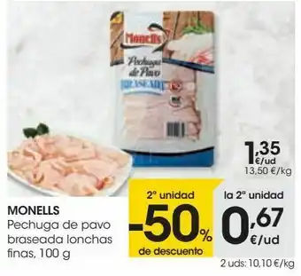 Eroski Monells pechuga de pavo braseada lonchas finas oferta