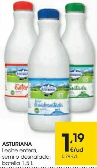 Eroski Asturiana leche entera, semi o desnatada botella oferta