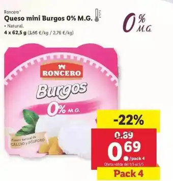 Lidl Roncero Queso mini Burgos 0% M.G. 4 x 62,5g oferta