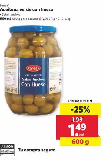 Lidl Baresa Aceituna verde con hueso 960ml oferta