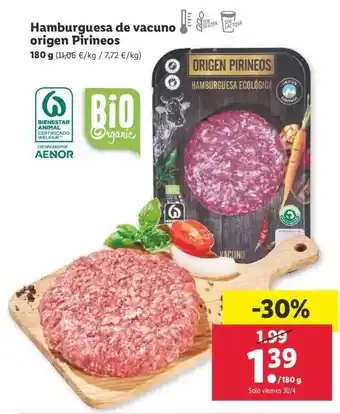 Lidl Hamburguesa de vacuno origen Pirineos 180g oferta