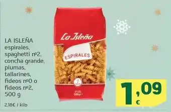 HiperDino La isleña - espirales, spaghetti n°2, concha grande, plumas, tallarines, fiedos n°0, fideos n°2 oferta