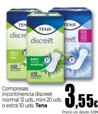 Unide Supermercados TENA Compresas incontinencia discreet normal 12 uds., mini 20 uds. o extra 10 uds oferta