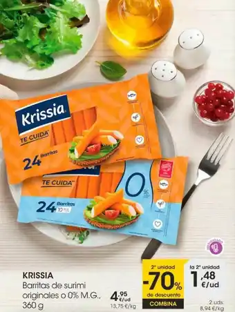 Eroski 2a Unidad -70% De Descuento Krissia Barritas De Surimi Originales O 0% M.g. oferta