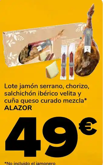 Supeco ALAZOR Lote jamón serrano, chorizo, salchichón ibérico velita y cuña queso curado mezcla oferta