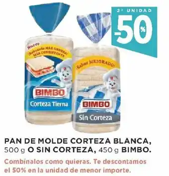 Supercor 50% 2 Unidad Pan de Molde Corteza Blanca, o Sin Corteza, Bimbo oferta