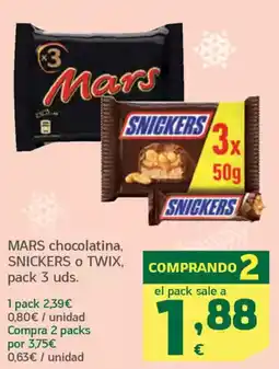 HiperDino MARS chocolatina, SNICKERS O TWIX, oferta