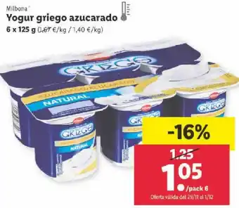 Lidl Yogur Griego Azucarado 6 x 125 g oferta