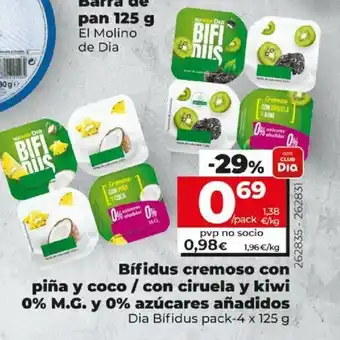 Dia Bifidus cremoso con piña y coco/ con ciruela y kiwi 0% M,G y 0% azúcares añadidos 125g oferta