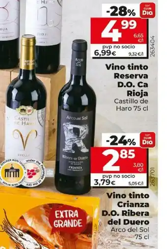 Dia Vino tinto Crianza D.O. Ribera del Duero Arco del sol / Vino tinto Reserva D.O. Ca Rioja Castillo de Haro 75cl oferta