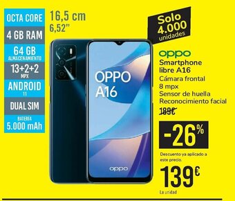 Carrefour Oppo Smartphone libre A16 oferta