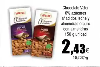 FROIZ Chocolate Valor 0% azúcares añadidos leche y almendras o puro con almendras oferta