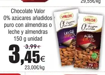 FROIZ Chocolate Valor 0% azúcares añadidos puro con almendras o leche y almendras oferta