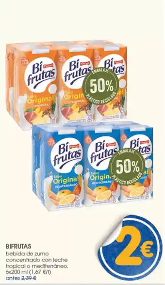 Supermercados Plaza BIFRUTAS bebida de zumo concentrado con leche tropical o mediterráneo oferta