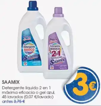 Supermercados Plaza SAAMIX Detergente liquido 2 en 1 máxima eficacia o gel azul, 45 lavados oferta