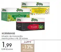 Supermercados Plaza HORNIMANS Infusión de manzanilla, menta poleo o té, 25 sobres oferta