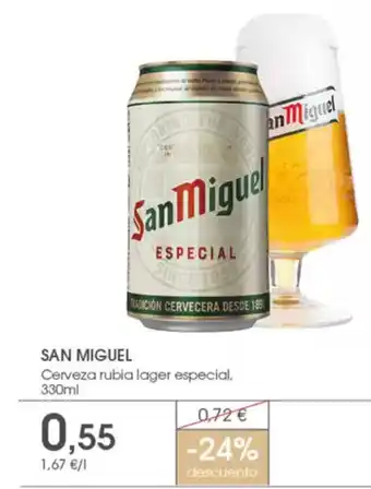 Supermercados Plaza SAN MIGUEL Cerveza rubia lager especial, oferta