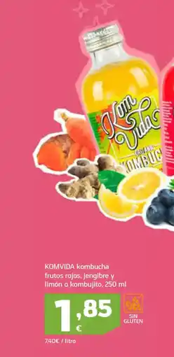 HiperDino KOMVIDA kombucha frutos rojos, jengibre y limón o kombujito oferta