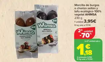 Carrefour AHIMSA Morcilla de burgos o chorizo seitán y tofu ecológico 100% vegetal oferta