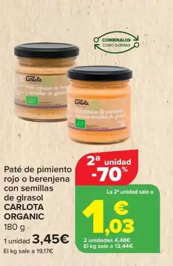 Carrefour CARLOTA ORGANIC Paté de pimiento rojo o berenjena con semillas de girasol \ oferta