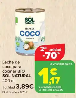 Carrefour BIO SOL NATURAL Leche de coco para cocinar oferta