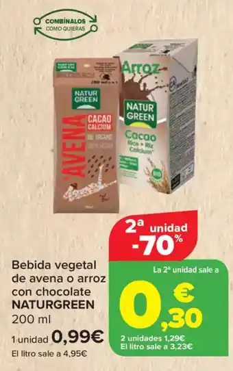 Carrefour NATURGREEN Bebida vegetal de avena o arroz con chocolate oferta