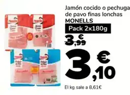 Supeco MONELLS Jamón cocido o pechuga de pavo finas lonchas oferta