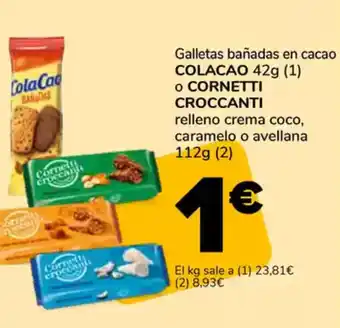 Supeco Galletas bañadas en cacao COLACAO 0 CORNETTI CROCCANTI relleno crema coco, caramelo o avellana oferta