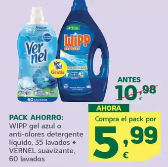 HiperDino WIPP gel azul o anti-olores detergente líquido, 35 lavados + VERNEL suavizante, 60 lavados oferta