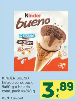 HiperDino KINDER BUENO helado cono, pack 4x90 g o helado cono oferta