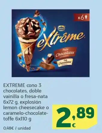 HiperDino EXTREME cono 3 chocolates, doble vainilla o fresa-nata 6x72 g, explosión lemon cheesecake o caramelo-chocolate- toffe oferta