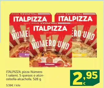 HiperDino ITALPIZZA pizza Número 1 salami, 5 quesos o atún- cebolla-alcachofa oferta